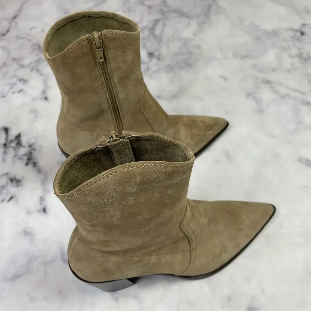 Jeffrey Campbell Jolena Tobacco Suede Ankle Boots Pointy Toe Stacked Heel Sz 8.5